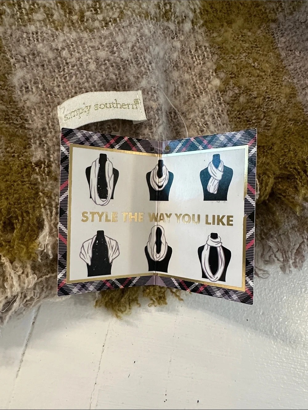 Simply Southern Olive & Taupe Plaid Fringe Scarf